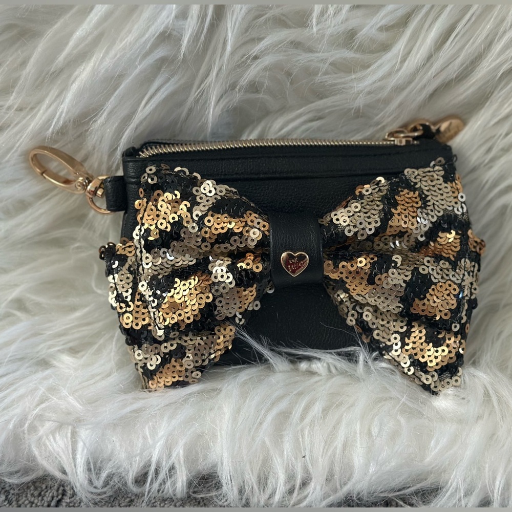 Betsey Johnson Black and Gold Sequin Bow Wallet